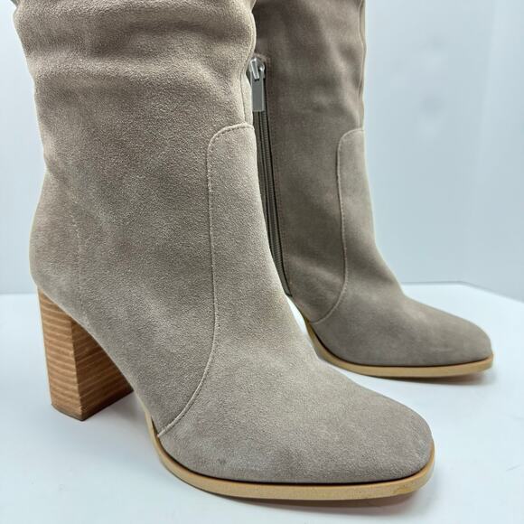 Splendid | Gloria Taupe Suede Leather Block Heel Square Toe Scrunch Riding Boots - Picture 6 of 13